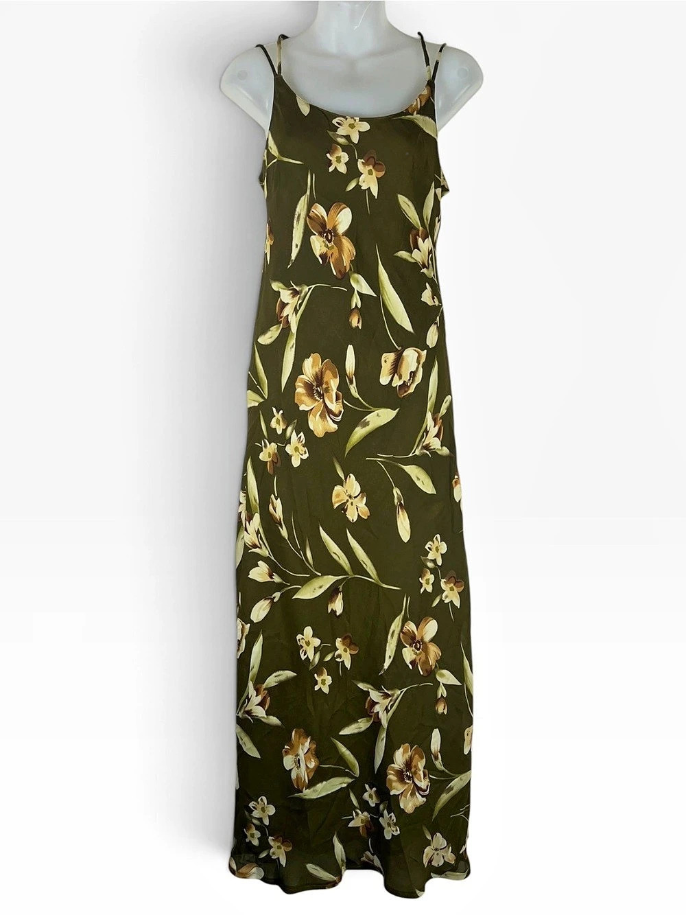 Vintage Gabrielle Women Floral Maxi Dress Olive Green Sz 10 Whimsigoth 90s Fairy